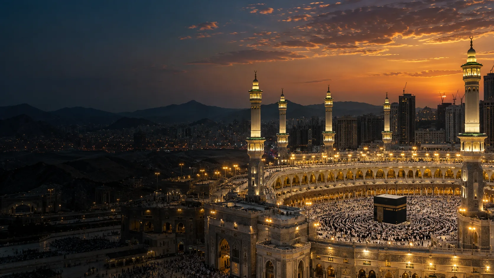 Illustrative view of Masjid al-Haram at sunset