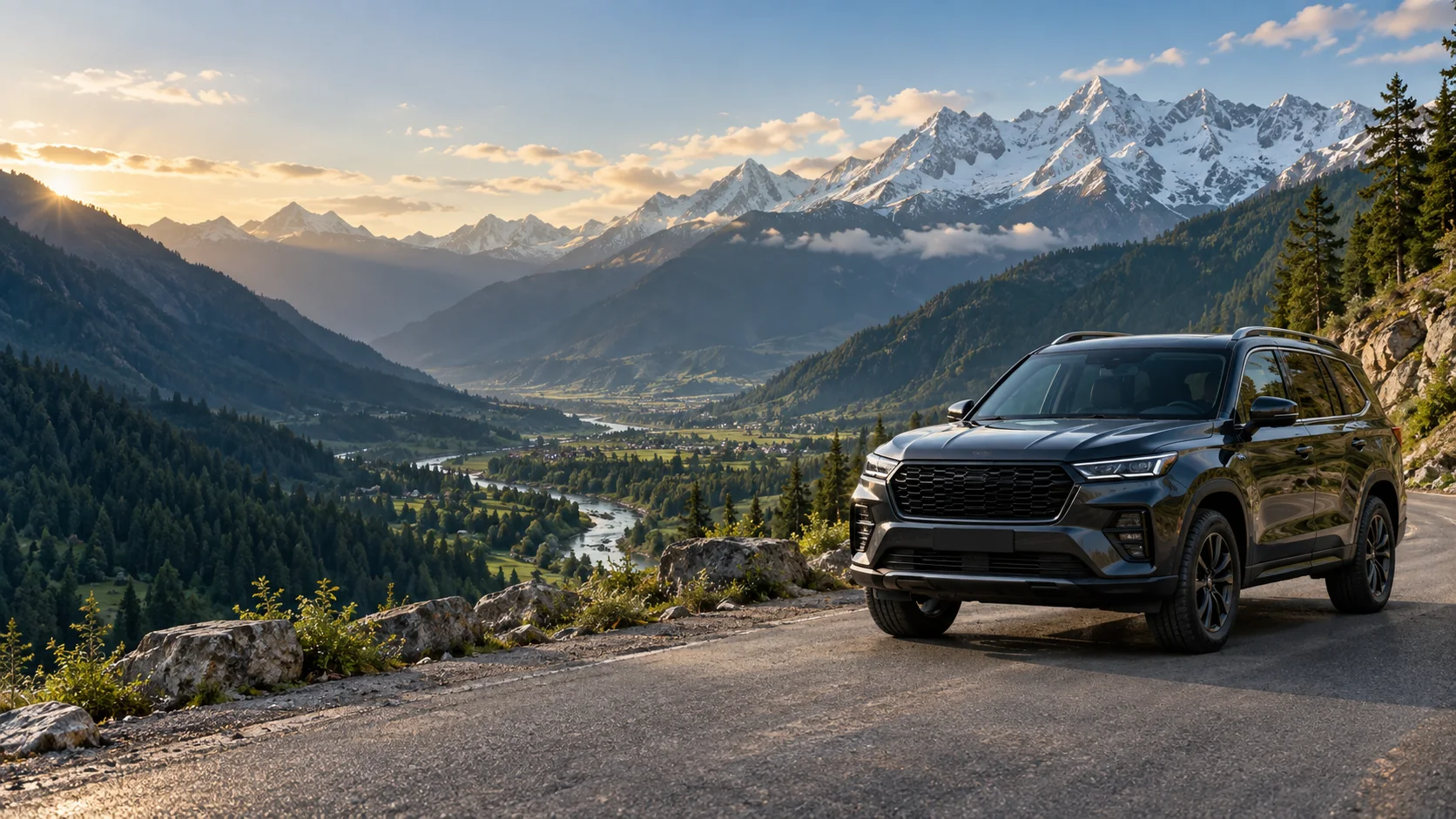 Illustrative SUV on a mountain road